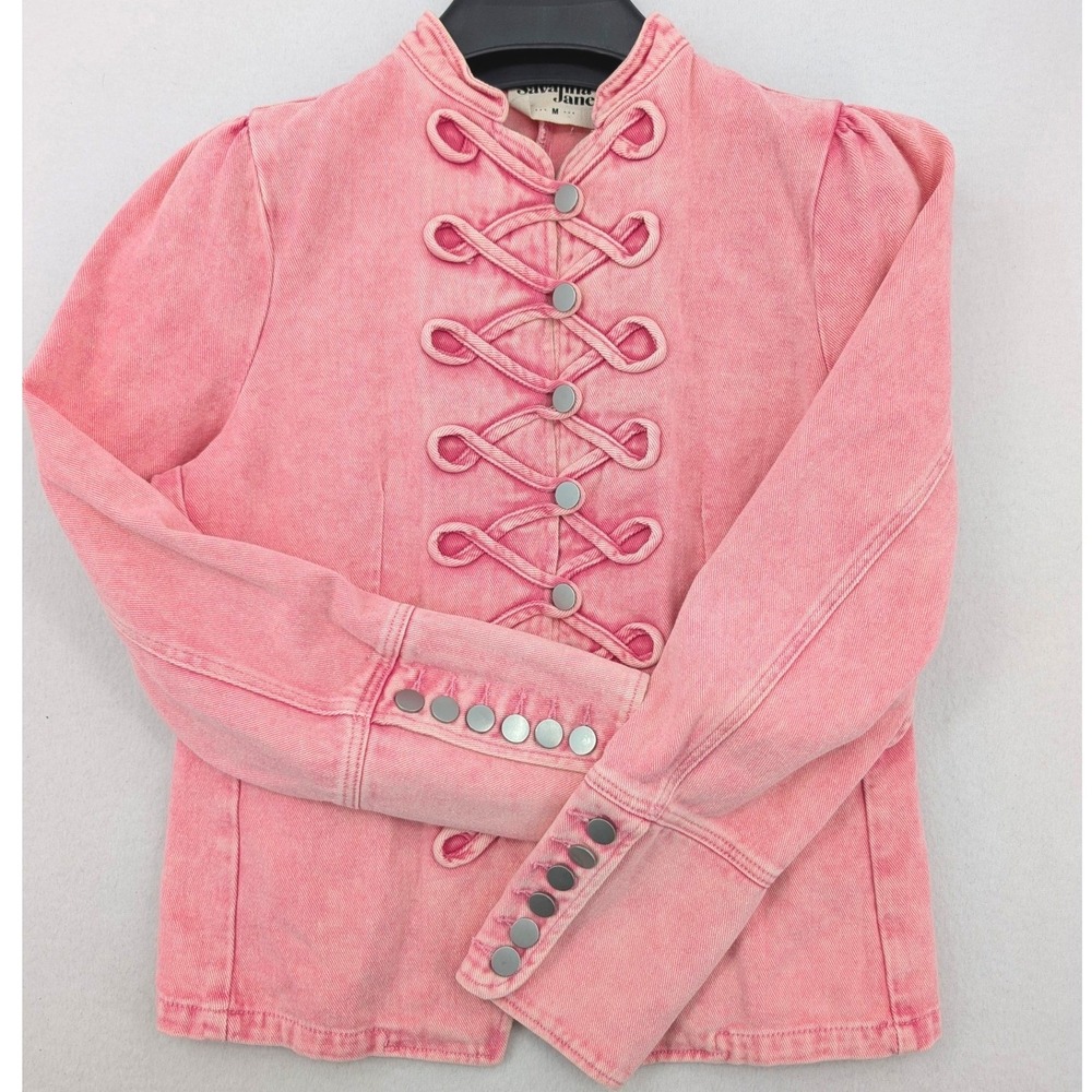 Savanna Jane Pink Denim Military Jacket Frog Closure Cotton Size M - Picture 2 of 7